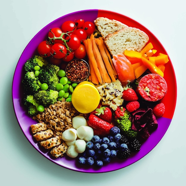 Vector colorful and nutrientrich plate featuring a balanced diet with vegetables fruits grains proteins