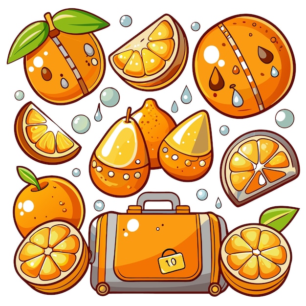 Vector colorful orange fruits and a suitcase illustration