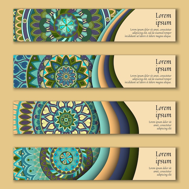 Vector colorful ornamental ethnic banner set templates with wavy elements and tribal mandala