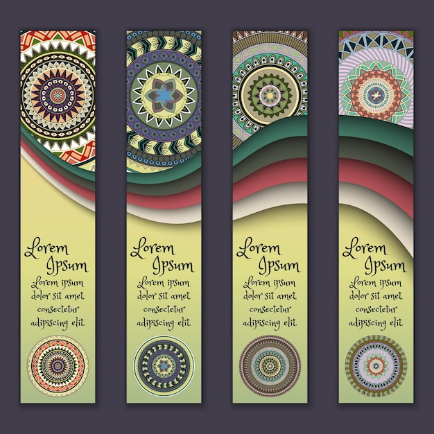 Vector colorful ornamental ethnic banner set templates with wavy elements and tribal mandala