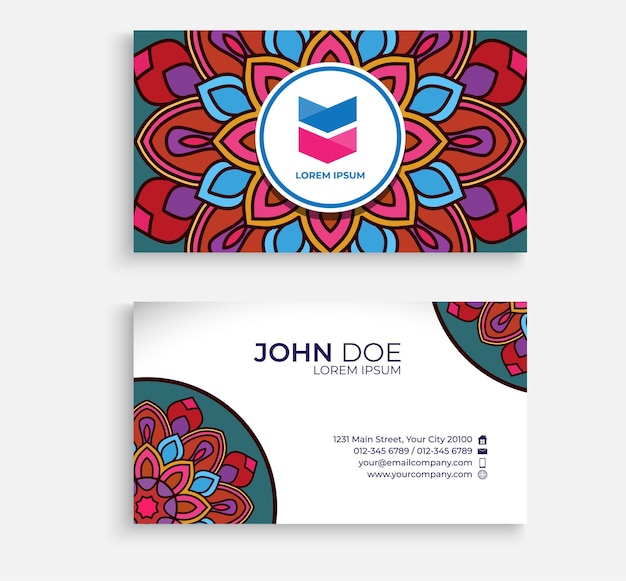 Colorful ornamental floral visiting card with mandala elements