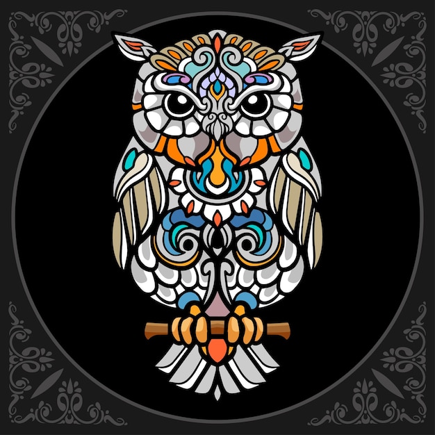 Colorful owl bird mandala arts isolated on black background