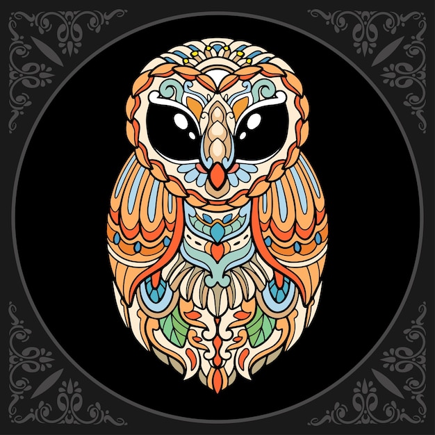 Colorful owl bird mandala arts isolated on black background