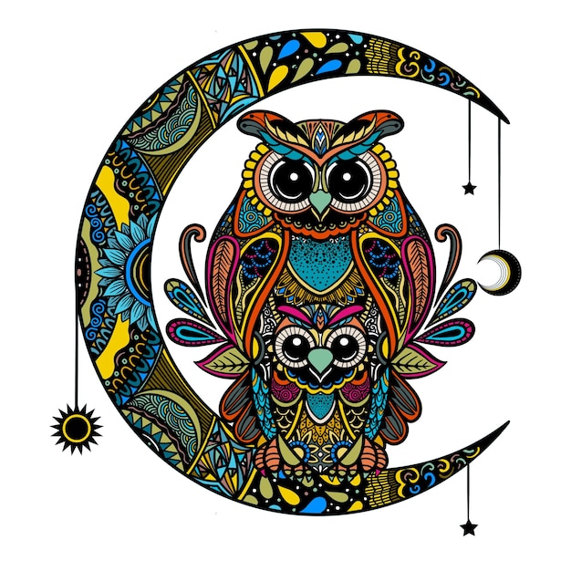 Colorful owl zentangle art illustration Ethnic patterned vector illustration