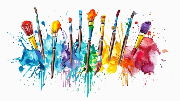 Vector colorful paint and brushes on white paper symbolizing artistic creativity