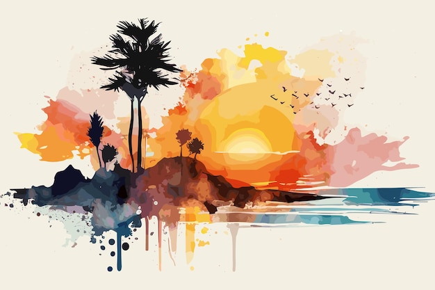 A colorful painting of a beach with palm trees and birds.