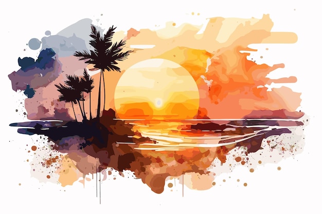 A colorful painting of a beach with palm trees and the sun