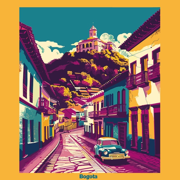 A colorful painting of a city street with a car on it