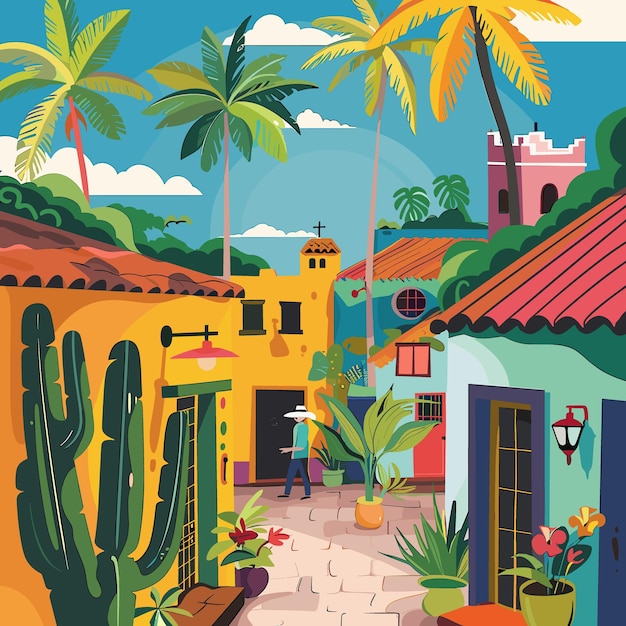 A colorful painting of a Latin America street scene with a man walking down the street