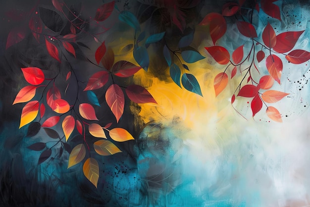 a colorful painting of leaves and branches