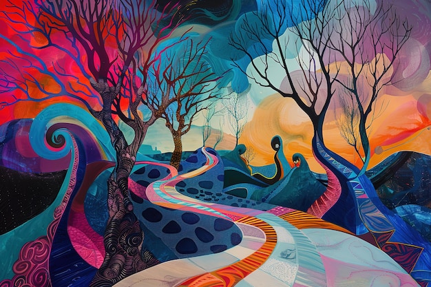 Vector a colorful painting of a road with trees and the word  contour  on it