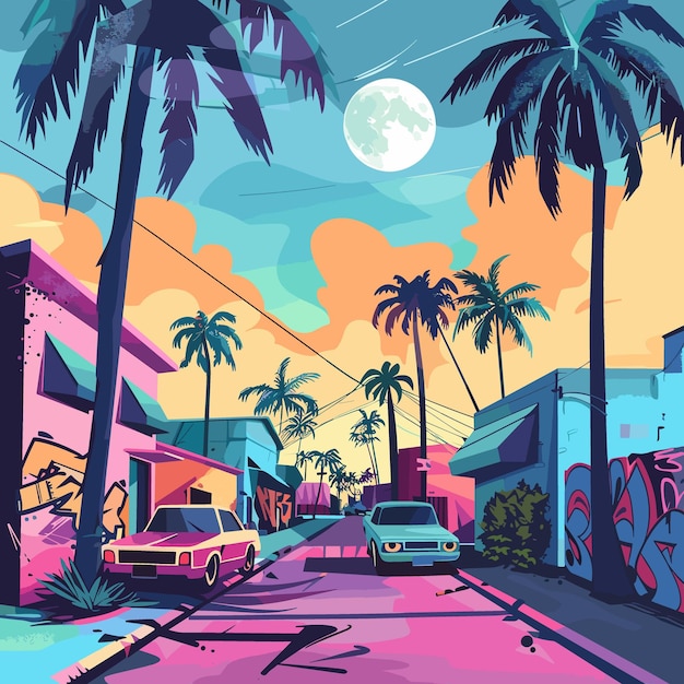 A colorful painting of a tropical city street with palm trees and cars