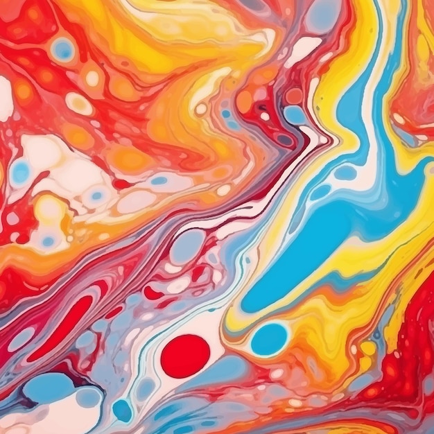 A colorful painting with a red, yellow, and blue background.