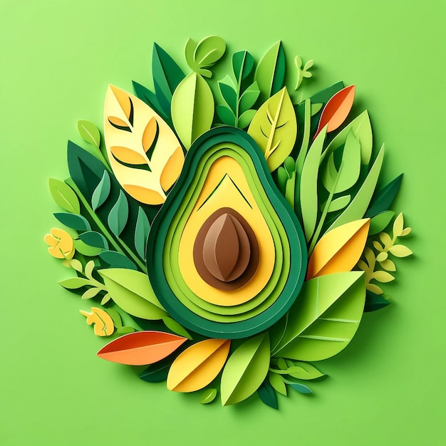 Colorful paper cut art of an avocado and leaves