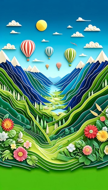 Colorful paper cut landscape with hot air balloons