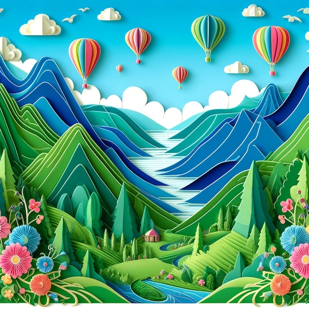 Colorful paper cut landscape with hot air balloons