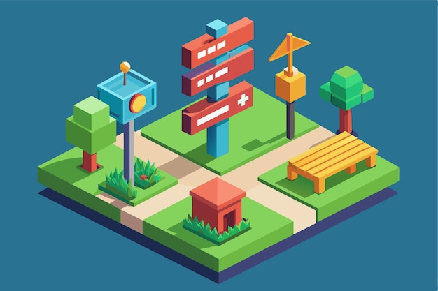 Vector a colorful park displays a variety of helpful sign structures surrounded by trees and benches helpful sign customizable isometric illustration