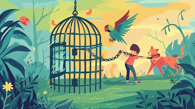 Vector colorful parrot in cage vector illustration