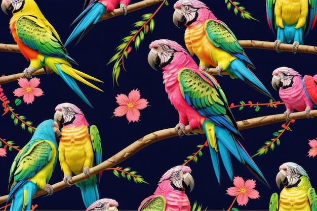 a colorful parrot is on a branch with flowers and the background is a pattern of birds