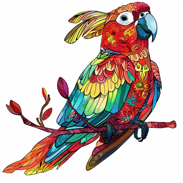 Vector a colorful parrot is perched on a branch with a colorful pattern