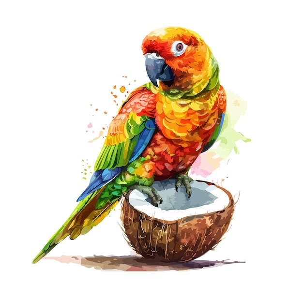 a colorful parrot is sitting on a coconut with a drawing of a parrot