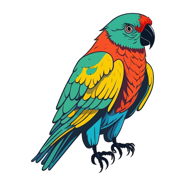 A colorful parrot with a black and blue tail