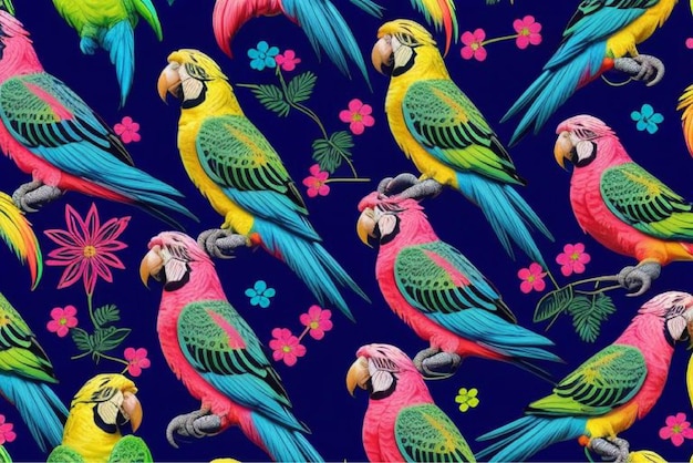 Vector a colorful parrot with a colorful background with flowers and butterflies