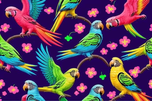 colorful parrots are shown with flowers and flowers