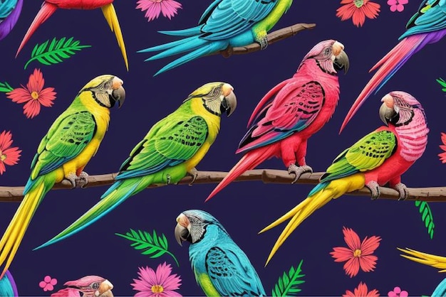 colorful parrots on a branch with flowers and leaves