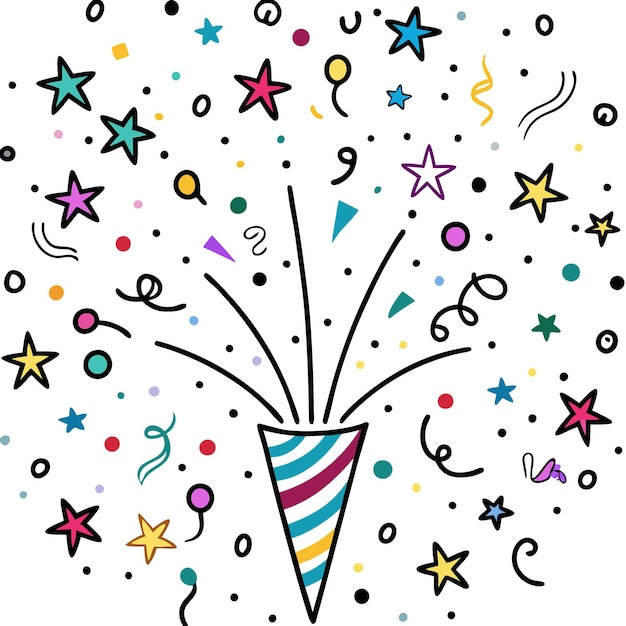 Vector colorful party confetti with stars and balloons exploding from a striped cone