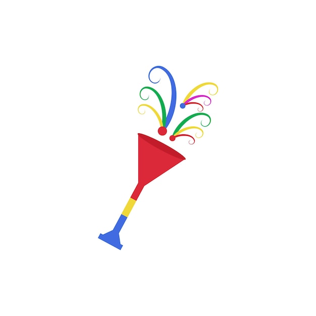 A colorful party horn with a red, blue, and yellow confetti on it.