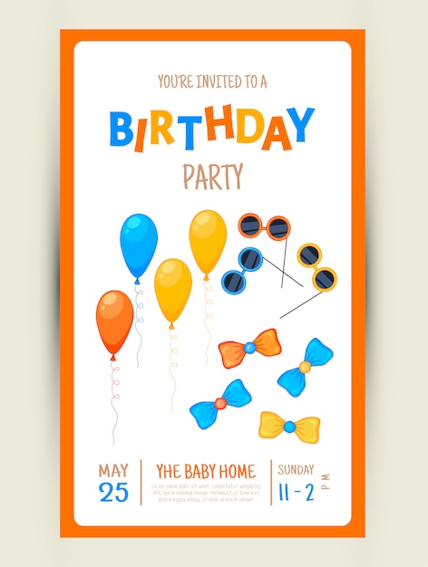 Vector colorful party invitation card with a festive items on a white background.