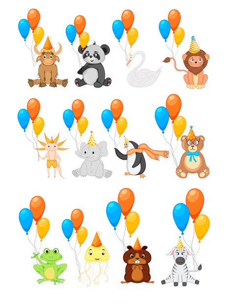 Vector colorful party set with cute animals and balloons on a white background celebration event happy birthday multicolored vector