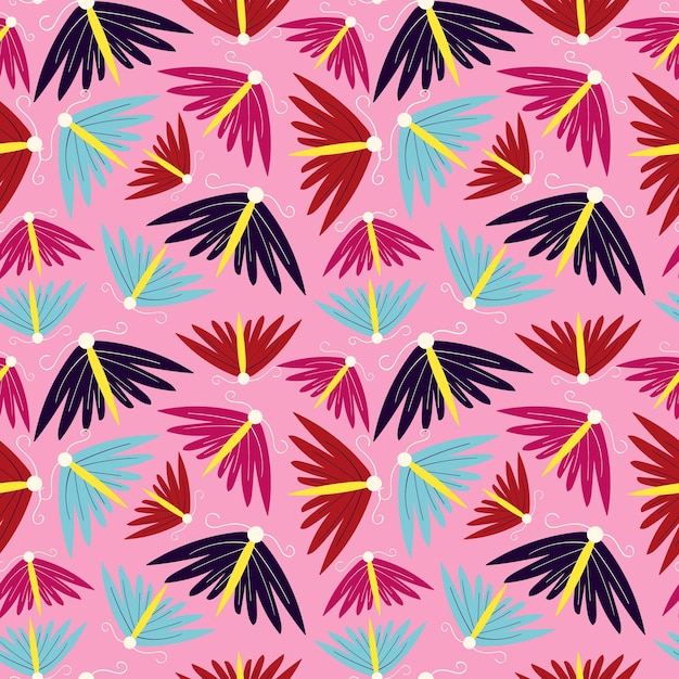 A colorful pattern of butterflies and flowers on a pink background