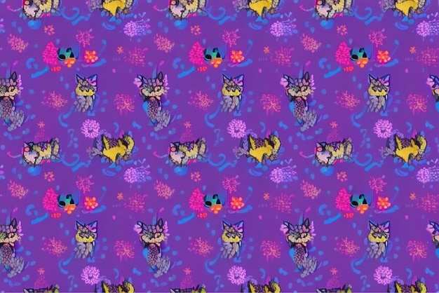 a colorful pattern of cats and flowers