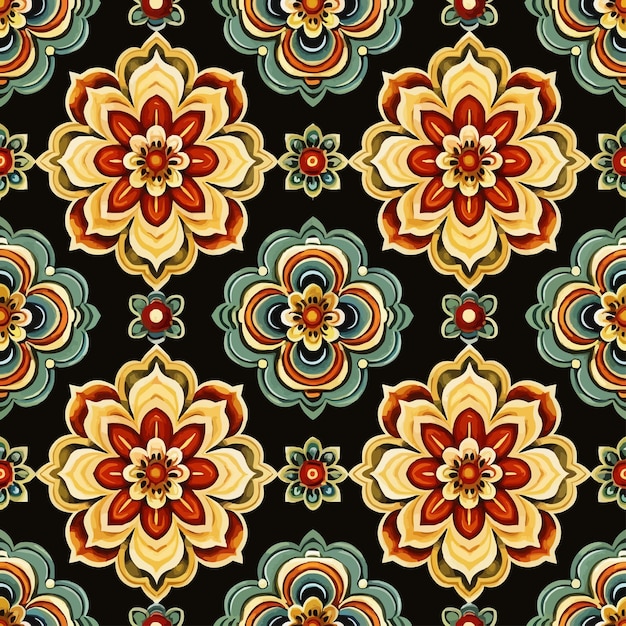 a colorful pattern of flowers on a black background