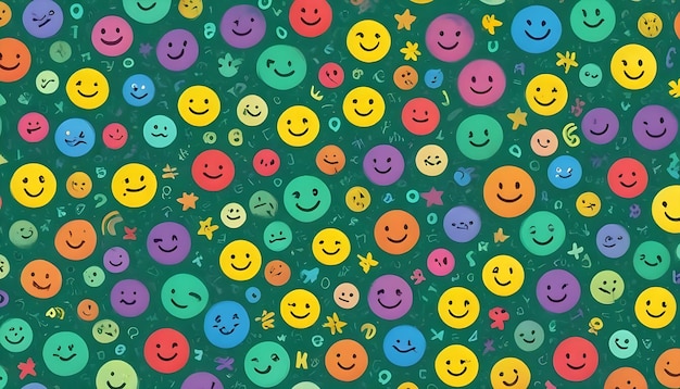 Vector a colorful pattern of smiley faces and other doodles on a green background the smiley faces are in various colors and styles creating a cheerful and playful vibe