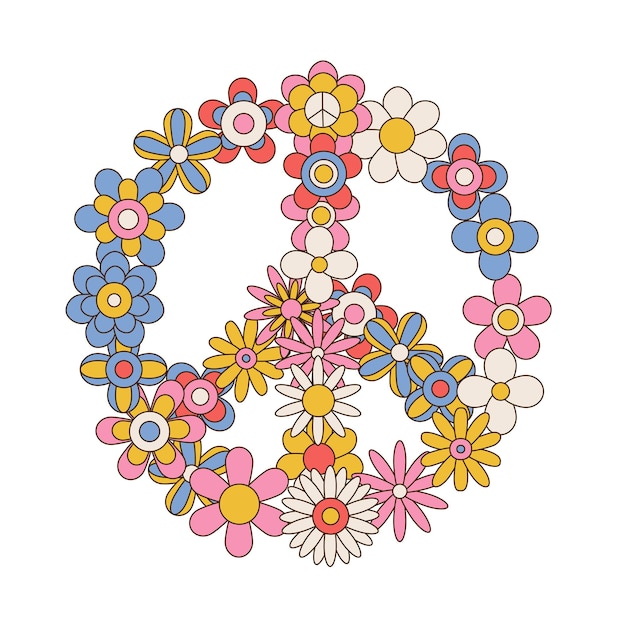 Vector colorful peace flower symbol famos sign made of daisy flowers linear color vector illustration