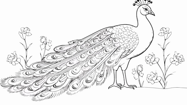 Colorful Peacock Illustration Coloring Page for Kids