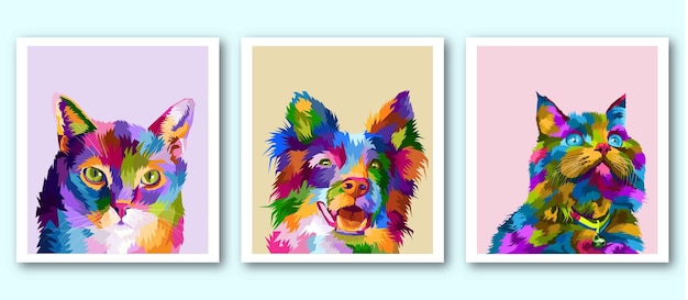 colorful pet pop art portrait in frame isolated decoration poster design cute funny animal ready to