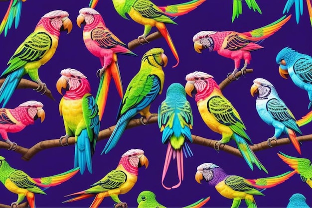 a colorful picture of colorful birds with the word parrots on it