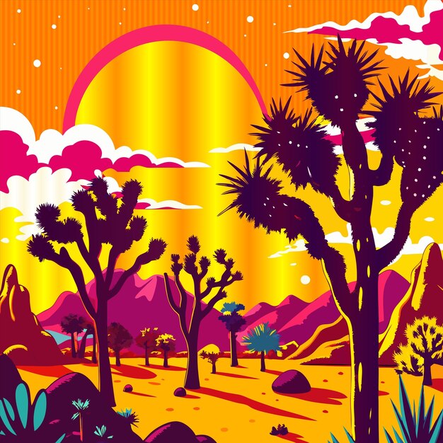 Vector a colorful picture of desert with the sun in the background