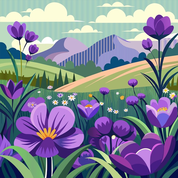 a colorful picture of flowers and mountains with a mountain in the background