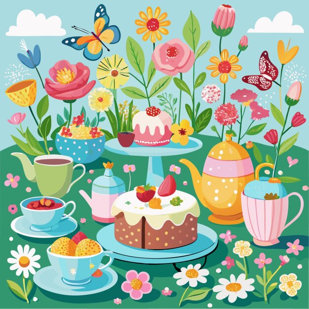 Vector a colorful picture of a garden with a cupcake and a cupcake