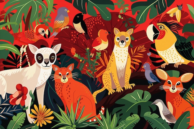 Vector a colorful picture of a group of animals with a red background