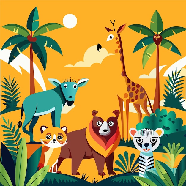 a colorful picture of a jungle with animals and giraffes