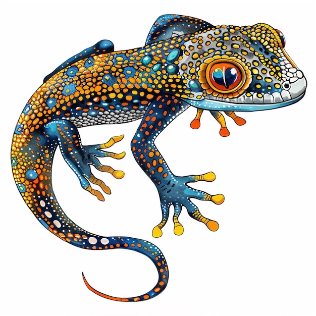 a colorful picture of a lizard with an orange eye and blue and yellow eyes