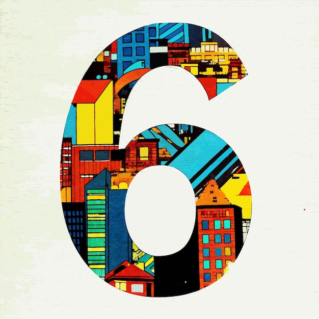 a colorful picture of a number 6 with a picture of a building in the background