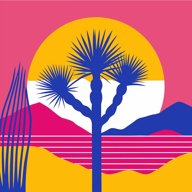 Vector a colorful picture of a palm tree and mountains with a sunset in the background