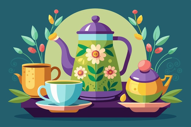 Vector a colorful picture of teapot and teapots with flowers on the table